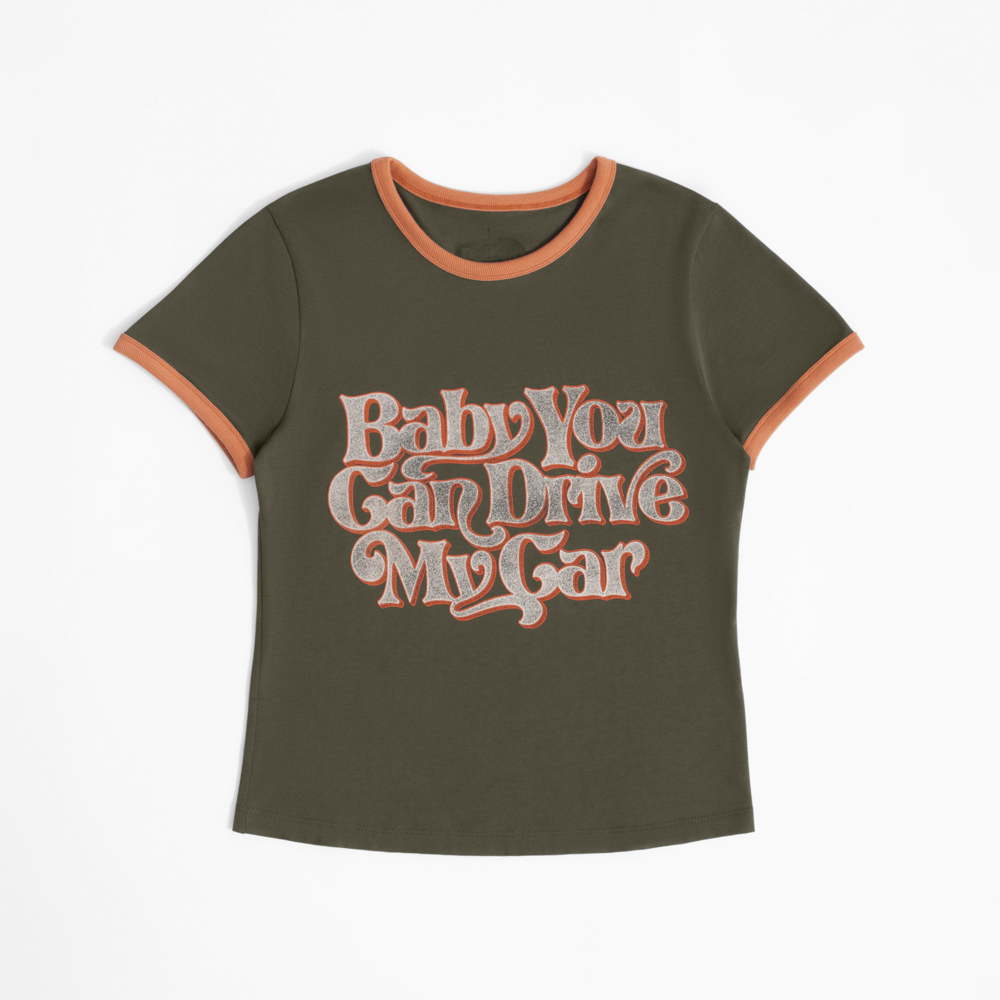 Rubber Soul Baby You Can Drive My Car Slogan Baby Tee Front