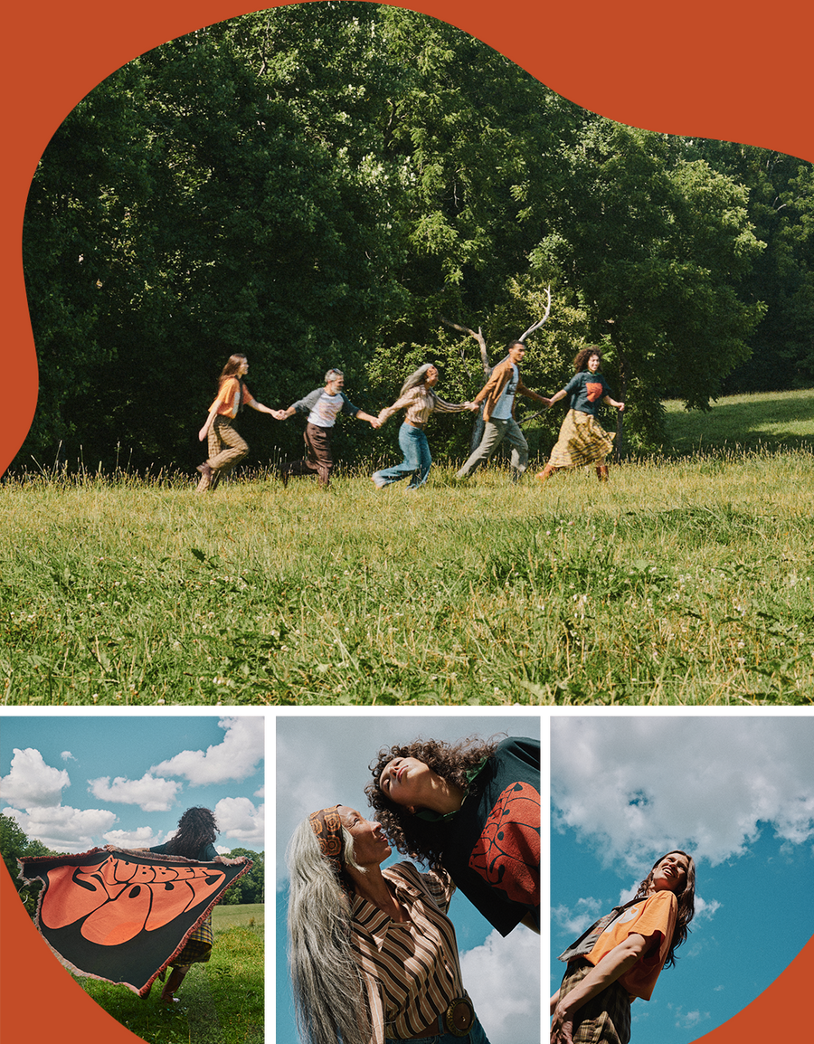A collage-style outdoor photo featuring several people running and playing in a grassy park with trees, plus three smaller inset photos showing people holding a large orange graphic banner under a blue sky. The overall image has an orange abstract border around the collage. All wearing Rubber Soul collection mercnhandise