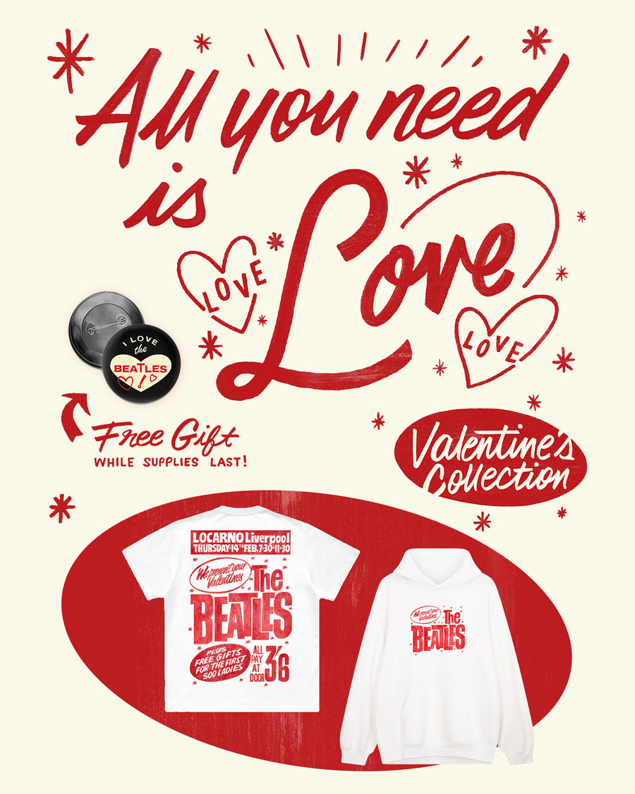 Promotional graphic for a Valentine's Day t-shirt collection with 'All you need is Love' text and Beatles-themed design.