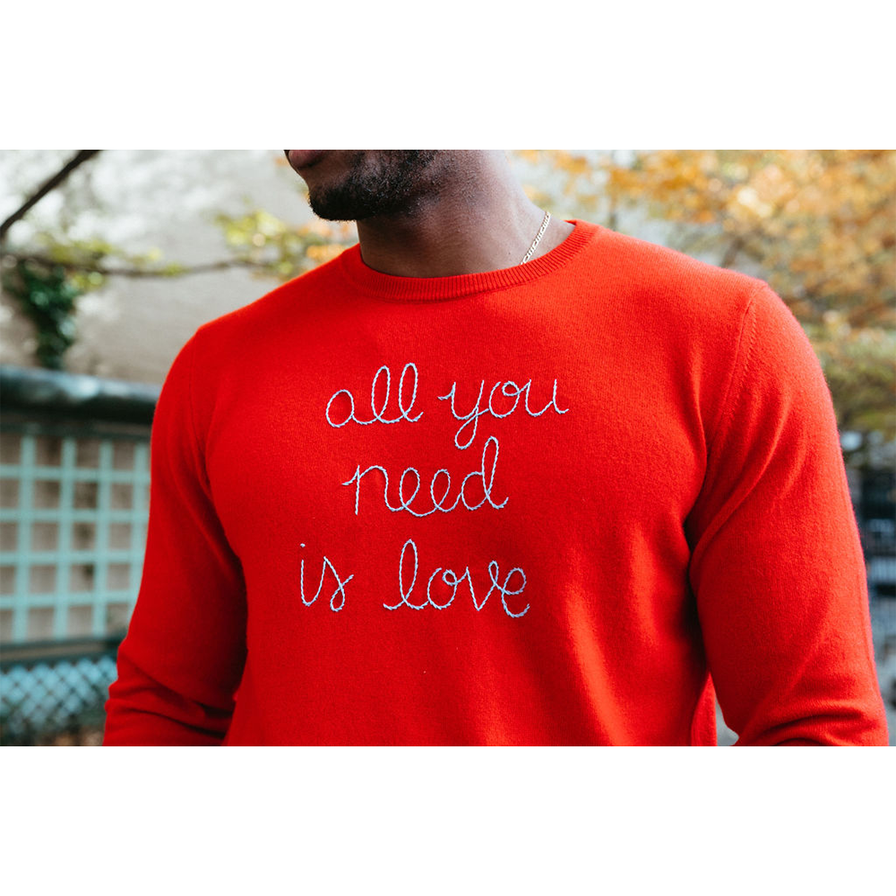 The Beatles x LINGUA FRANCA All You Need Is Love Sweater Model Detail